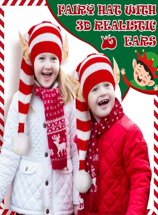 Funtery Christmas Knitted Elf Hats with Ears Crochet Long Santa Hats Beanie Elf Costume Accessories(6pcs,Red and White,Kid) - Image 3